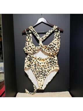 Aerie One Piece Swimsuit FULL COVERAGE Leopard Monokini Cutouts Bathing SIZE L